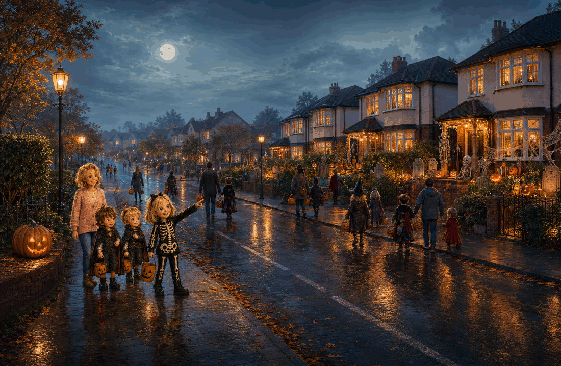 Fourteen successive versions of a Rose’s Halloween street illustration showing details becoming progressively less distinct
